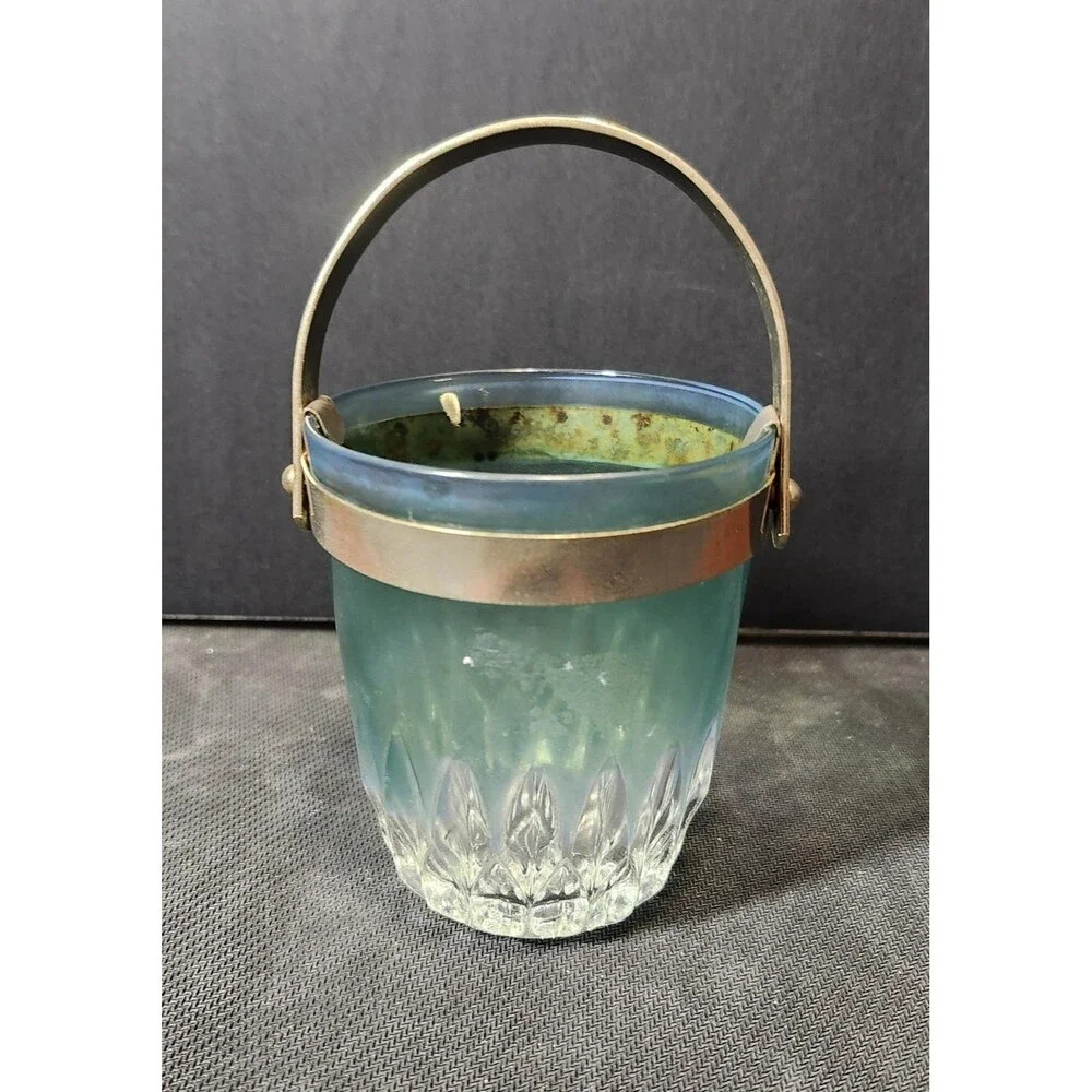 Blue and Clear Glass Ice Bucket with Metal Handle, Round Shape, 4.5